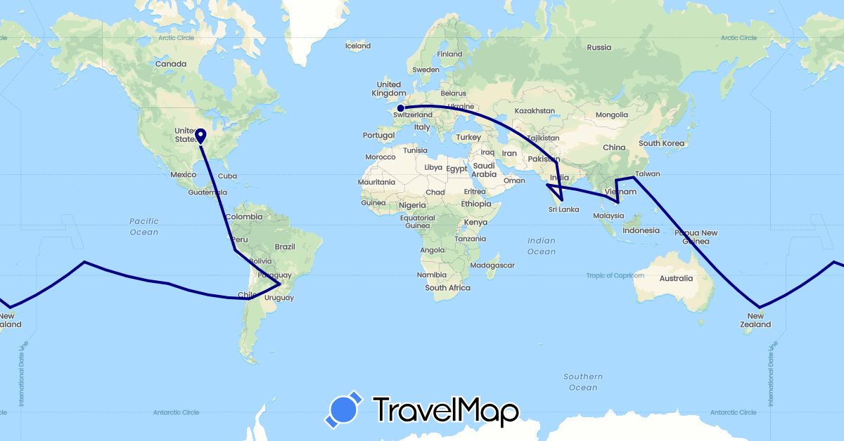 TravelMap itinerary: driving in Argentina, Chile, China, France, India, New Zealand, Peru, Paraguay, Thailand, United States, Vietnam (Asia, Europe, North America, Oceania, South America)